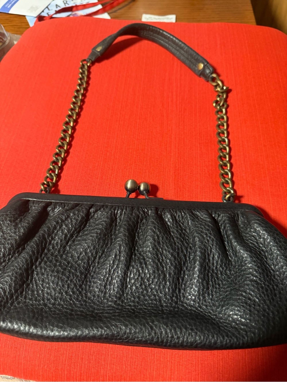Talbots Black Pebbled Leather Kiss-Lock Chain Shoulder Clutch